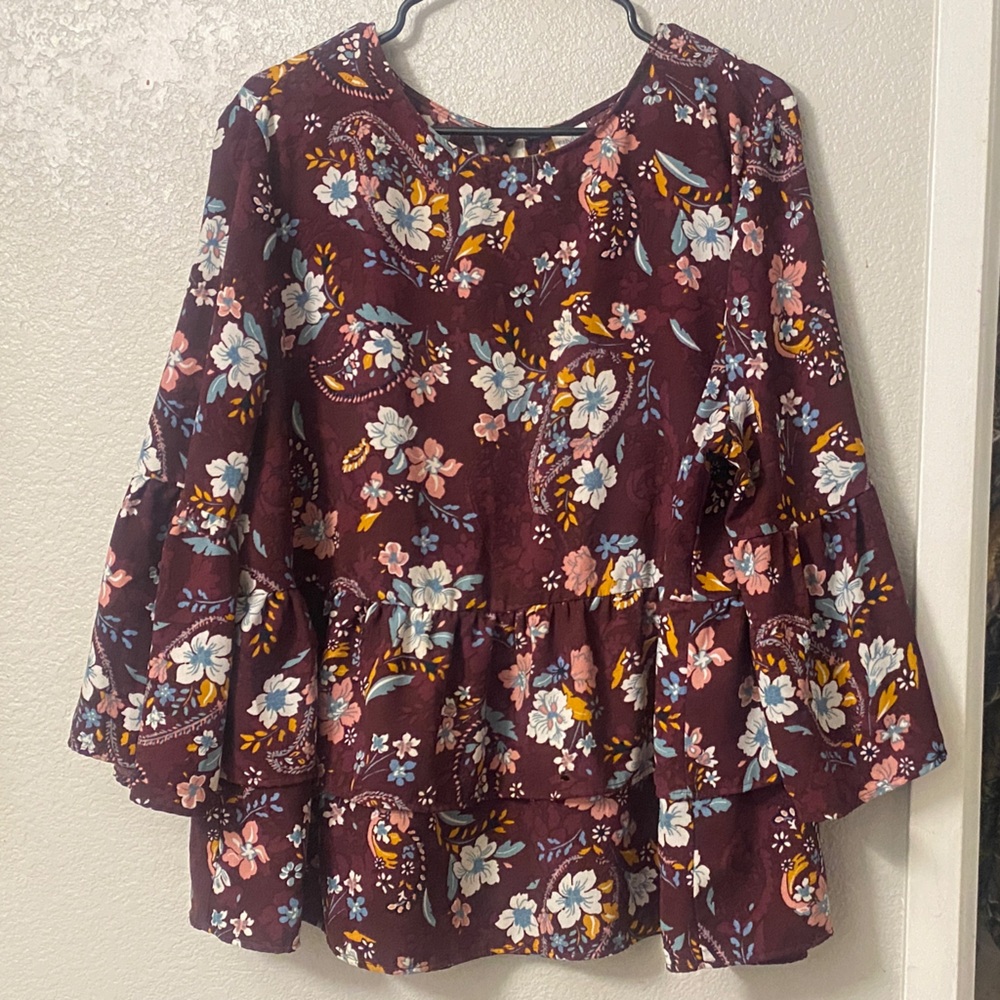 Time and Tru Floral Long Sleeve Top - Burgundy Multi
